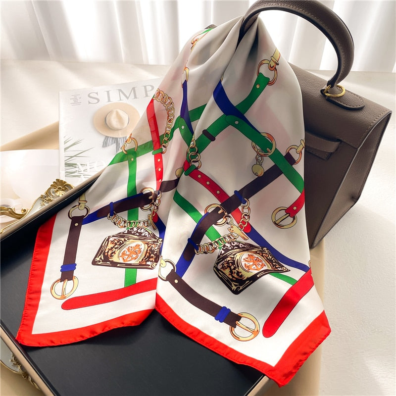 Luxury Print Satin Silk Square Scarf for Women Shawl Hijab Neckerchief Female Hair Ribbon Headband Fashion Wrap Bandana 2024 New FJ676-3