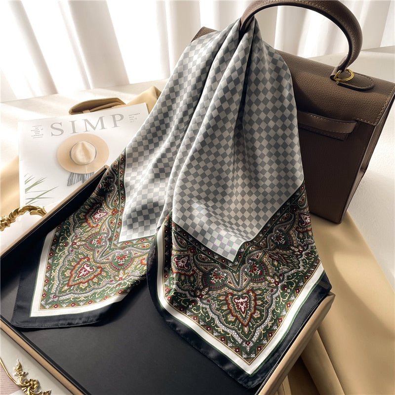 Luxury Print Satin Silk Square Scarf for Women Shawl Hijab Neckerchief Female Hair Ribbon Headband Fashion Wrap Bandana 2024 New FJ650-2