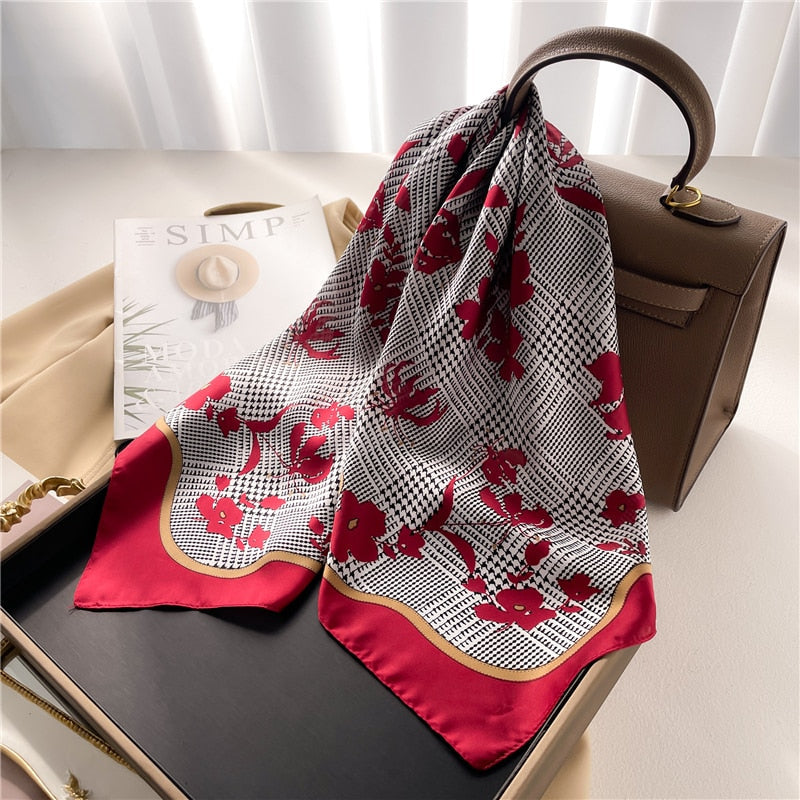 Luxury Print Satin Silk Square Scarf for Women Shawl Hijab Neckerchief Female Hair Ribbon Headband Fashion Wrap Bandana 2024 New FJ706-3