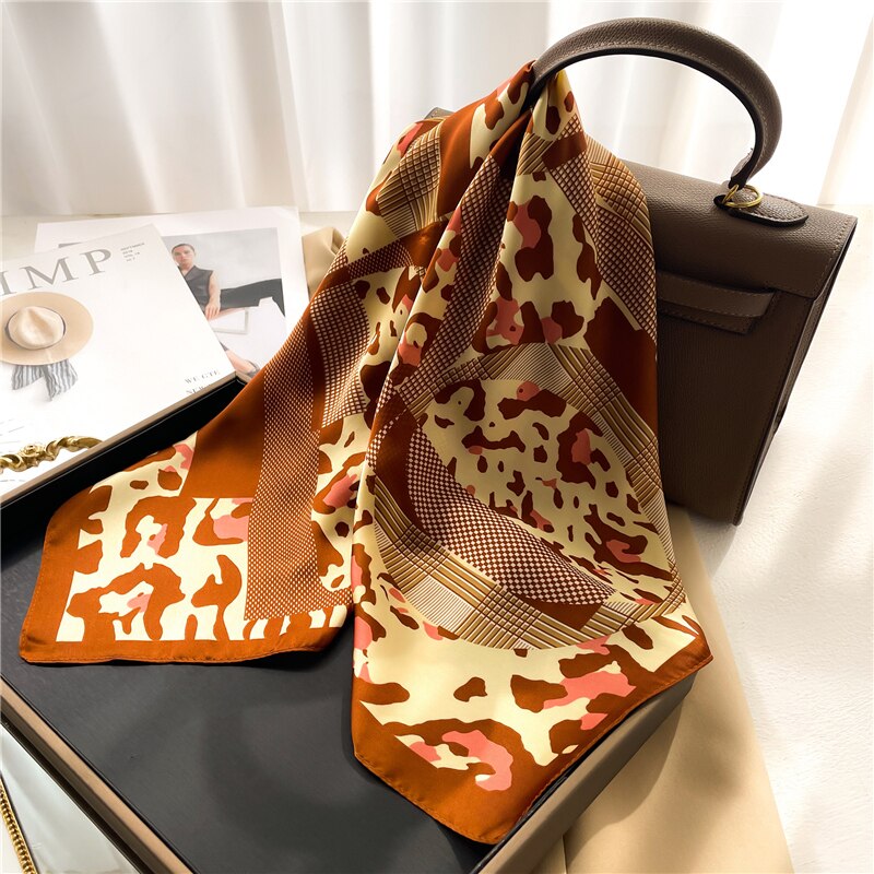 Luxury Print Satin Silk Square Scarf for Women Shawl Hijab Neckerchief Female Hair Ribbon Headband Fashion Wrap Bandana 2024 New FJ520-4
