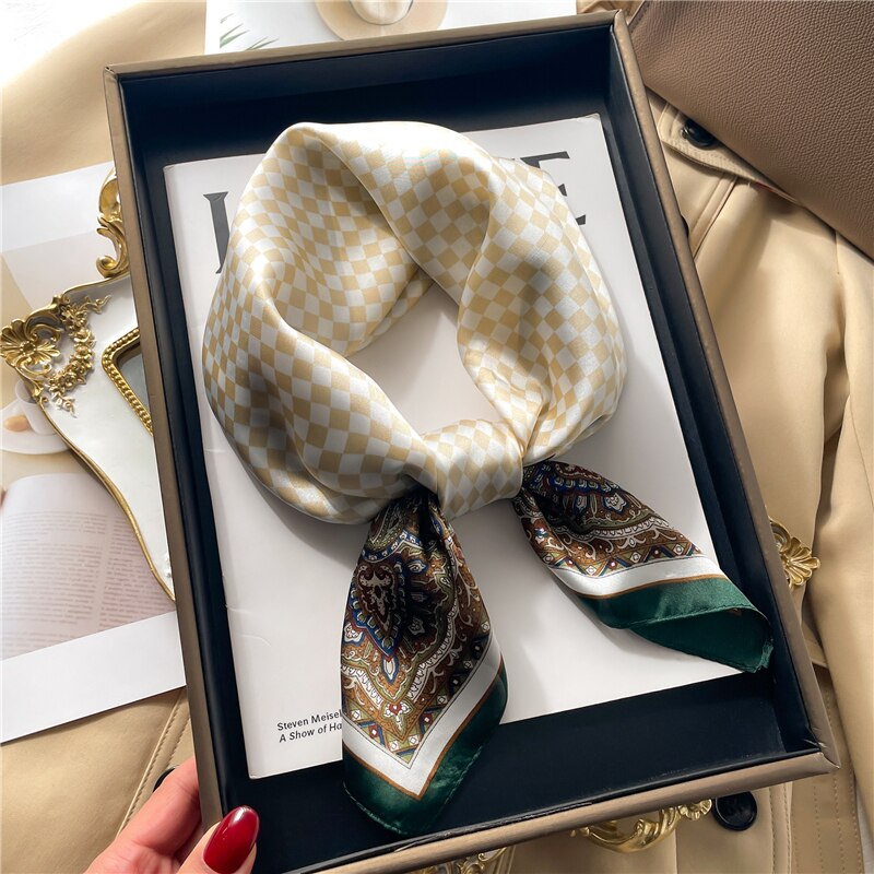Luxury Print Satin Silk Square Scarf for Women Shawl Hijab Neckerchief Female Hair Ribbon Headband Fashion Wrap Bandana 2024 New FJ650-1