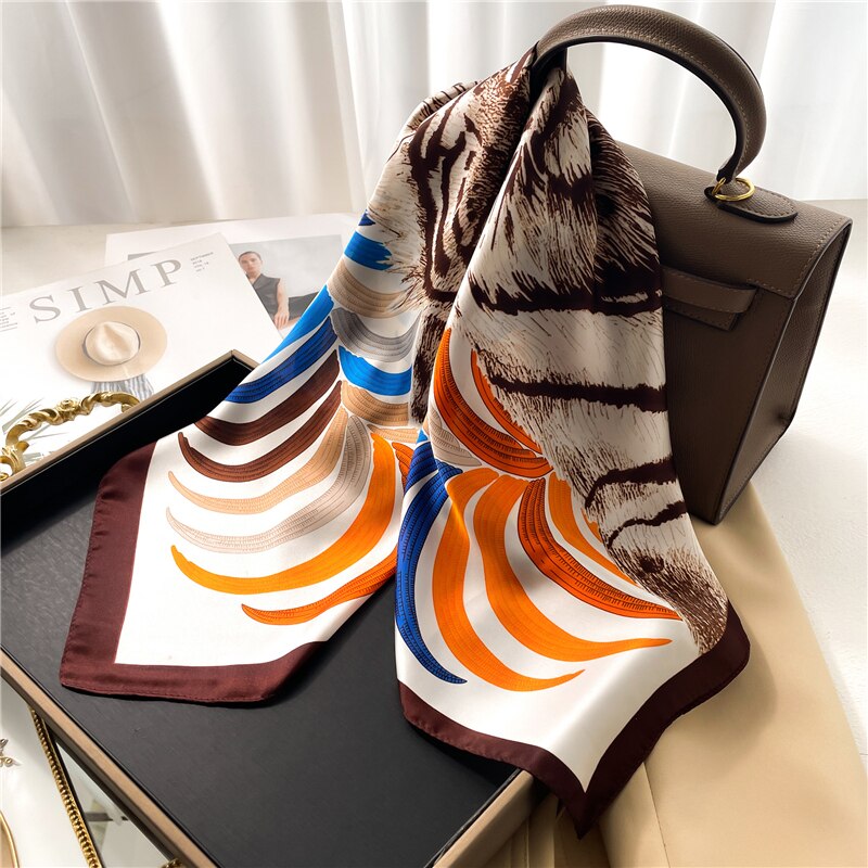 Luxury Print Satin Silk Square Scarf for Women Shawl Hijab Neckerchief Female Hair Ribbon Headband Fashion Wrap Bandana 2024 New FJ658-1