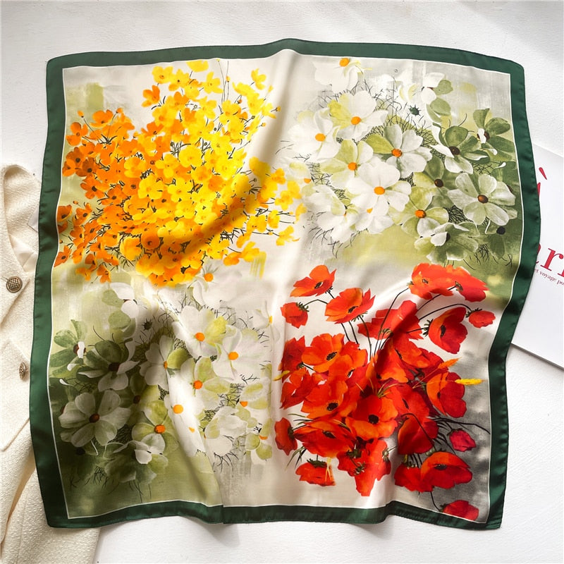 Luxury Print Satin Silk Square Scarf for Women Shawl Hijab Neckerchief Female Hair Ribbon Headband Fashion Wrap Bandana 2024 New FJ643-1