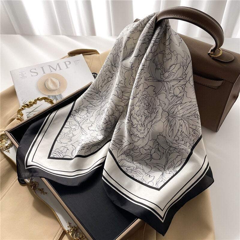 Luxury Print Satin Silk Square Scarf for Women Shawl Hijab Neckerchief Female Hair Ribbon Headband Fashion Wrap Bandana 2024 New FJ679-1
