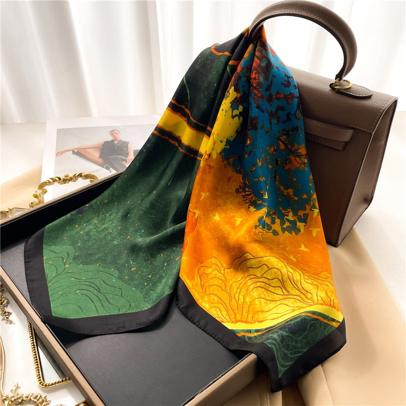Luxury Print Satin Silk Square Scarf for Women Shawl Hijab Neckerchief Female Hair Ribbon Headband Fashion Wrap Bandana 2024 New FJ660-3