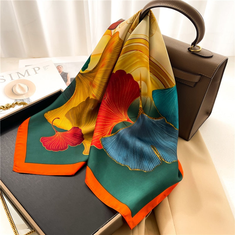 Luxury Print Satin Silk Square Scarf for Women Shawl Hijab Neckerchief Female Hair Ribbon Headband Fashion Wrap Bandana 2024 New FJ657-2