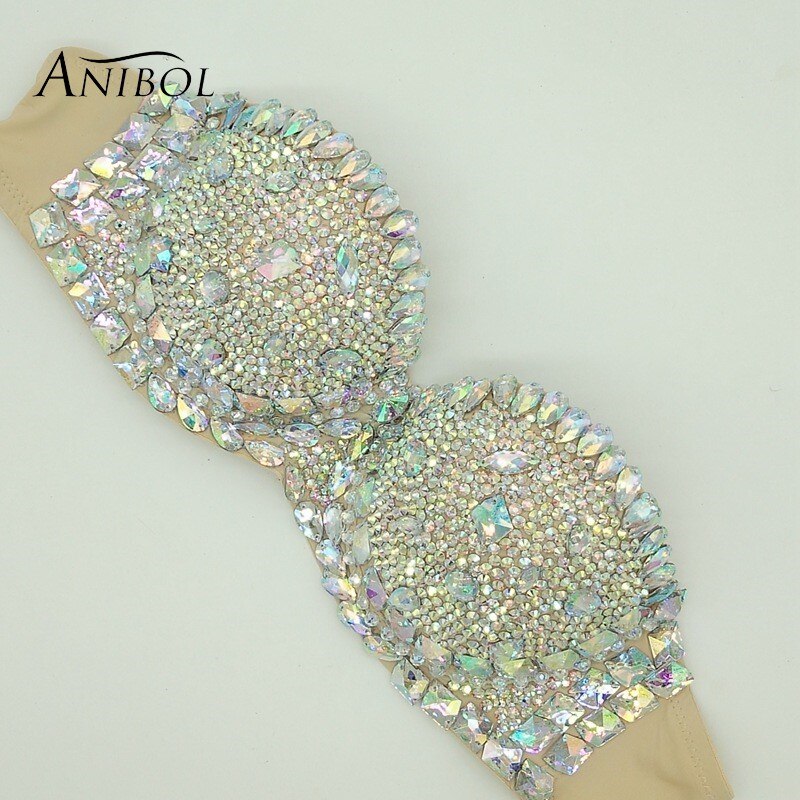 Luxury Rhinestone Bikini Bra Crystal Diamond Women Swimsuit Push Up Gathered Sexy Jewelry Swimwear Tops Flesh color