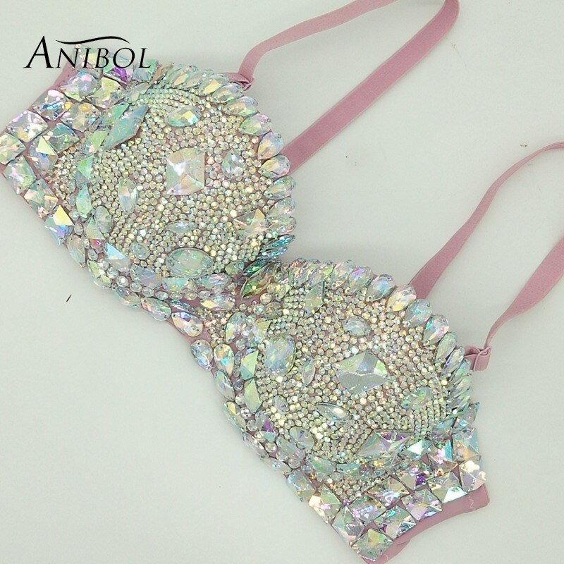 Luxury Rhinestone Bikini Bra Crystal Diamond Women Swimsuit Push Up Gathered Sexy Jewelry Swimwear Tops Lavender