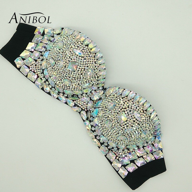 Luxury Rhinestone Bikini Bra Crystal Diamond Women Swimsuit Push Up Gathered Sexy Jewelry Swimwear Tops Black