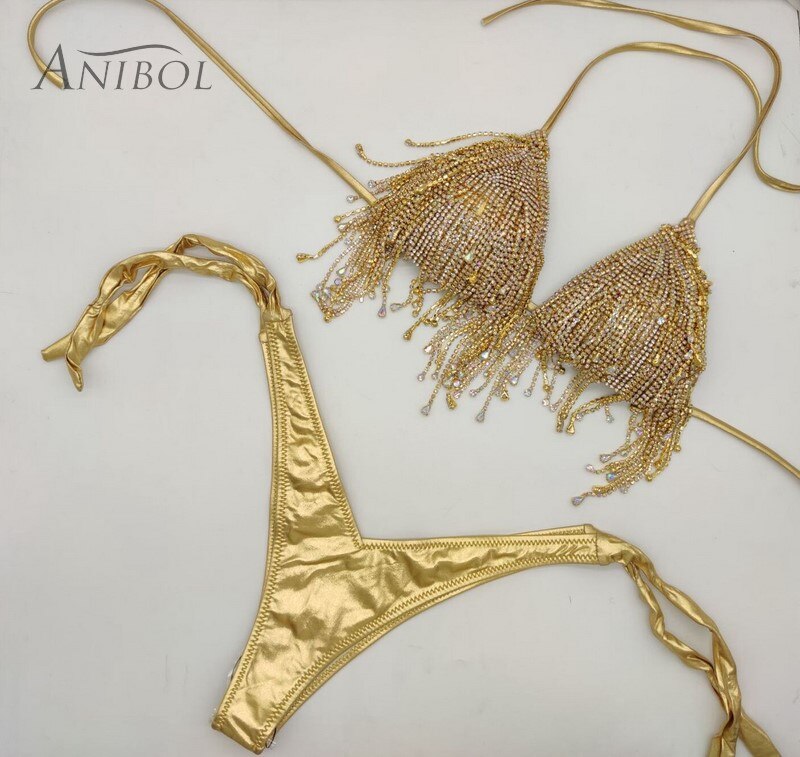 Luxury Rhinestone Bikini Crystal Diamond Women Swimwear Tassels Chain Ripped Slim Denim Shorts With Swimsuit Bra Gold