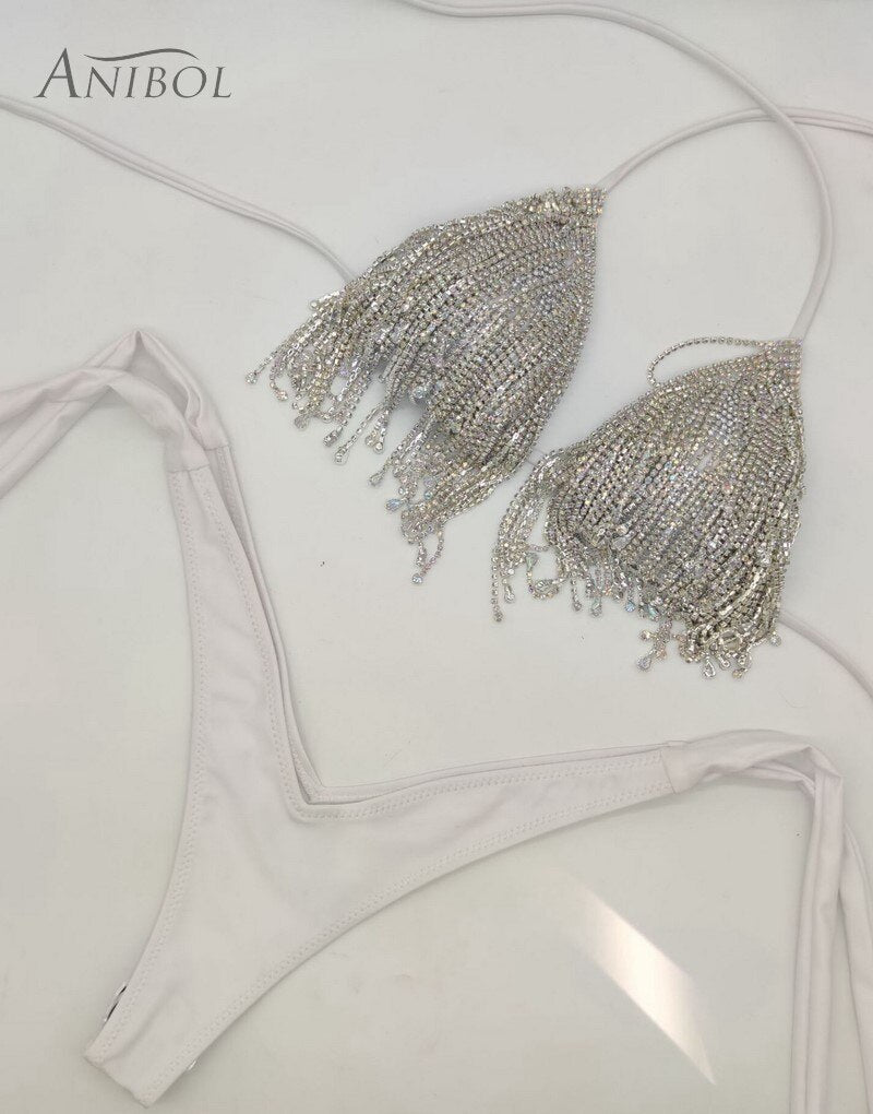 Luxury Rhinestone Bikini Crystal Diamond Women Swimwear Tassels Chain Ripped Slim Denim Shorts With Swimsuit Bra White