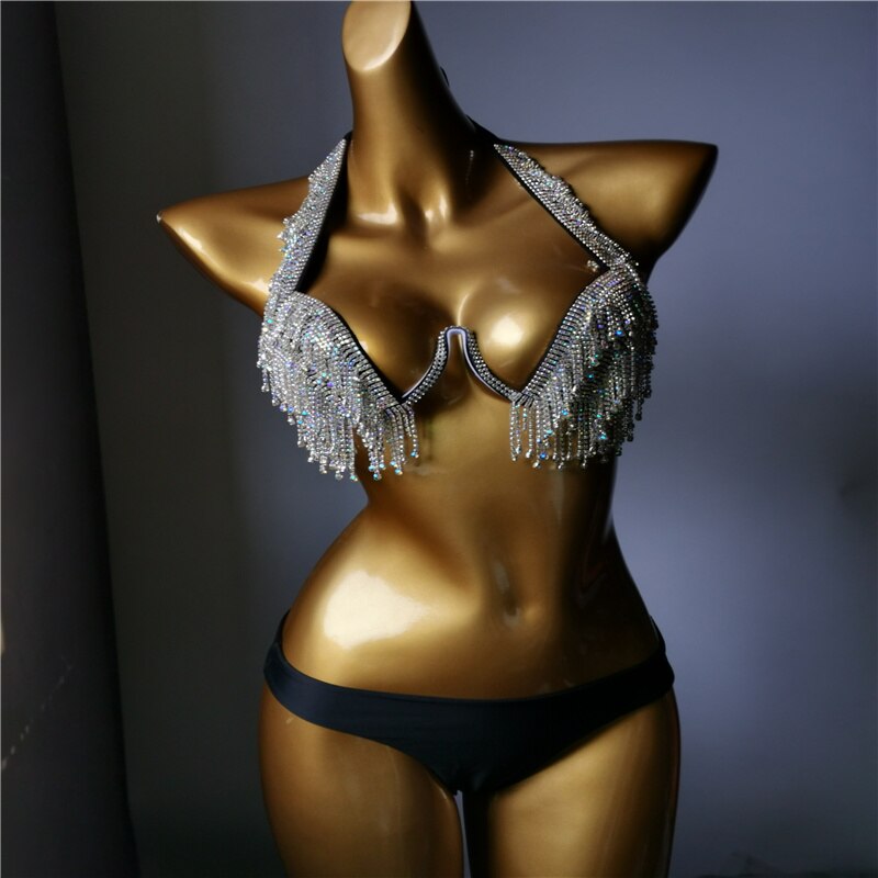 Luxury Rhinestone Bikini Sexy Push Up Crystal Diamond Tassels Women's Swimsuit 2024 Spring High-End Ladies Swimwear Black
