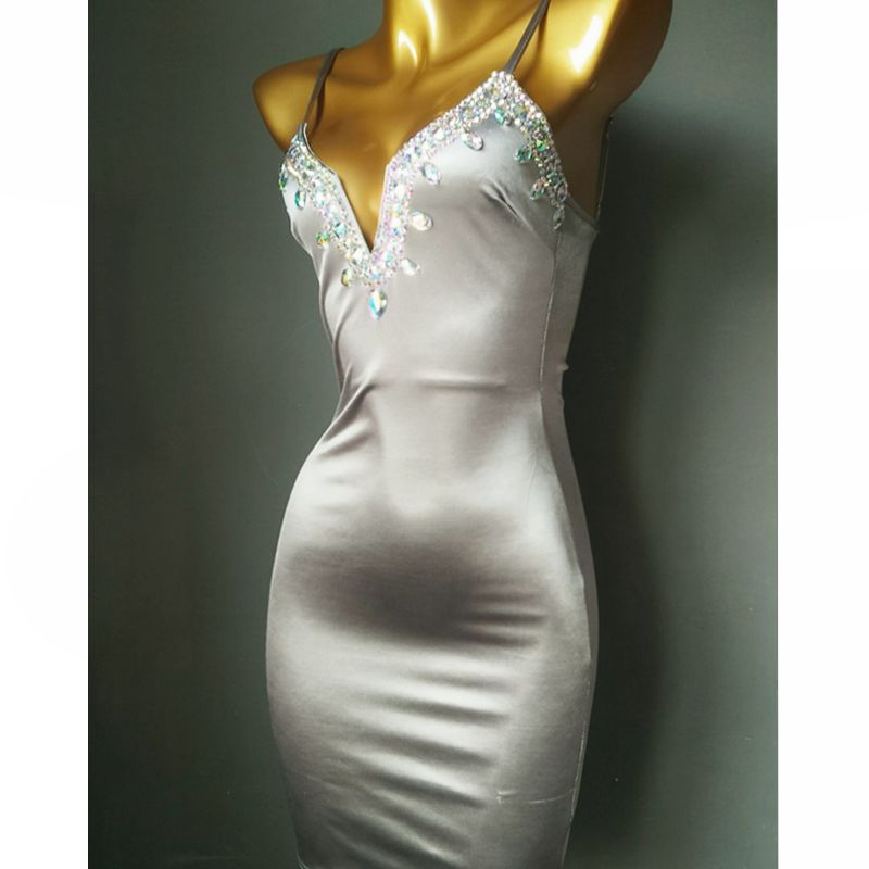 Luxury Rhinestone Dress Elegent Deep-V Party Dress Crystal Diamond Women Evening Dress