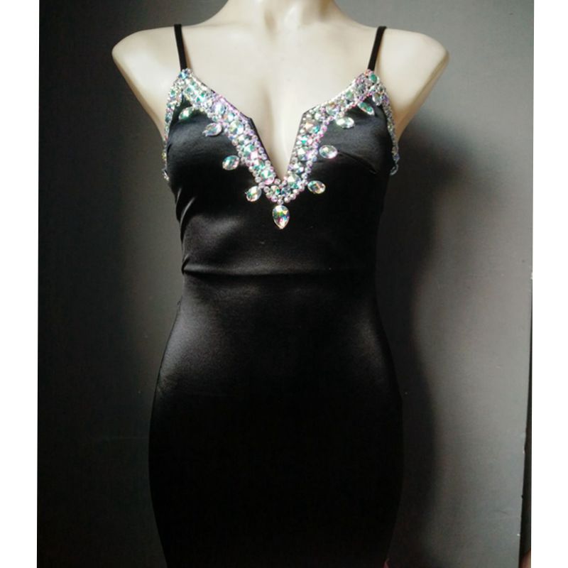Luxury Rhinestone Dress Elegent Deep-V Party Dress Crystal Diamond Women Evening Dress