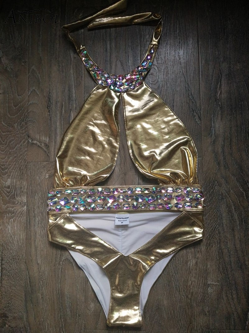 Luxury Rhinestone One Piece Women Swimsuit Gold Stamping Bathing Suit Crystal Diamond Swimwear Sexy Beach Wear Girls