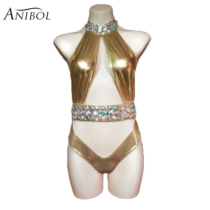 Luxury Rhinestone One Piece Women Swimsuit Gold Stamping Bathing Suit Crystal Diamond Swimwear Sexy Beach Wear Girls