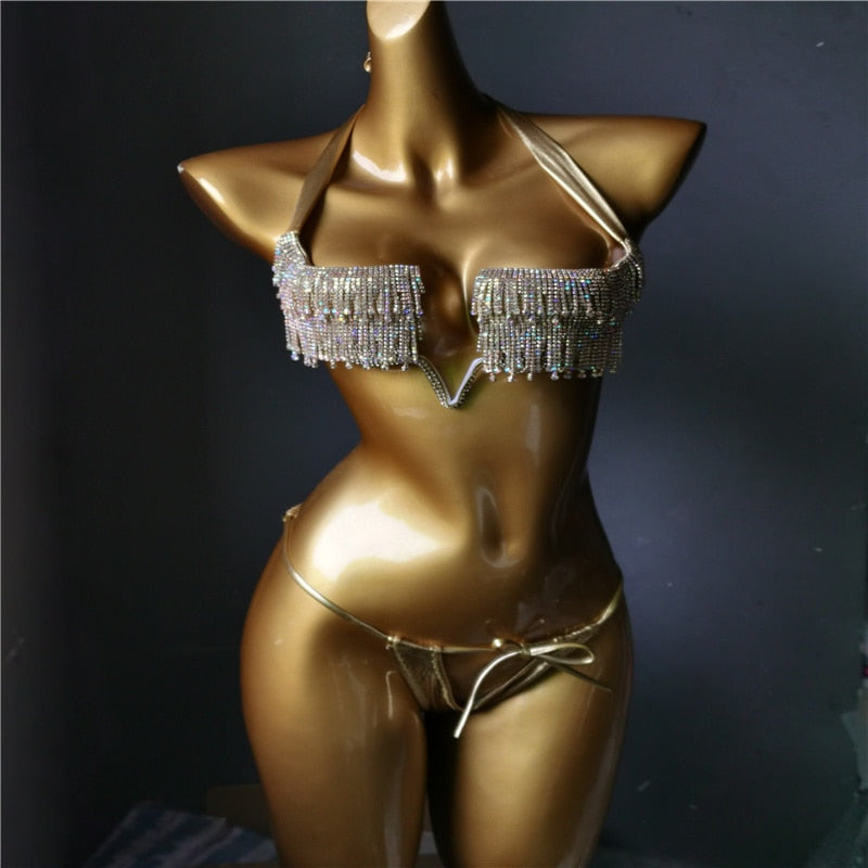 Luxury Rhinestone Push Up Women's Swimsuit Crystal Diamond Tassels Bikini Set Newest High-End Female Swimwear