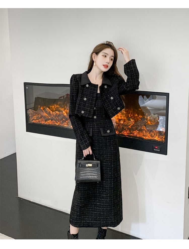 Luxury Tweed Two Piece Set Women Outfits Female Vintage Lapel Short Jacket Coat+Spaghetti Straps Dress Suit Fall Winter Woolen S