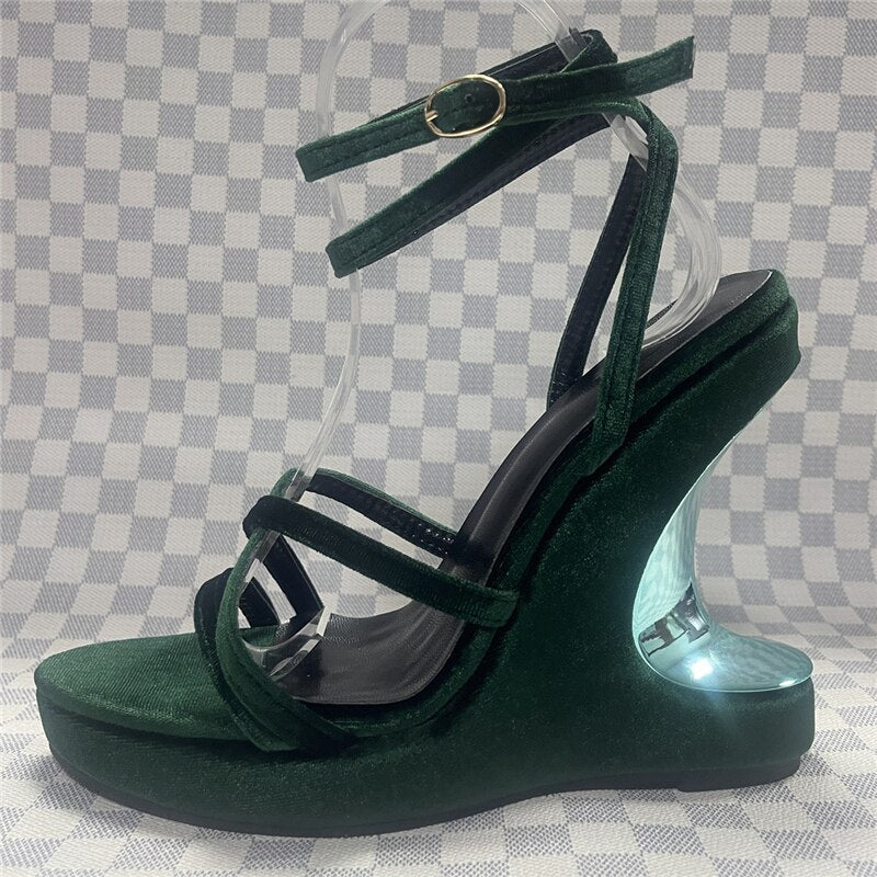Luxury Velvet High Wedges Modern Sandals Women Sexy Narrow Band Ankle Strappy Fretwork Heel Platform Summer Shoes Green