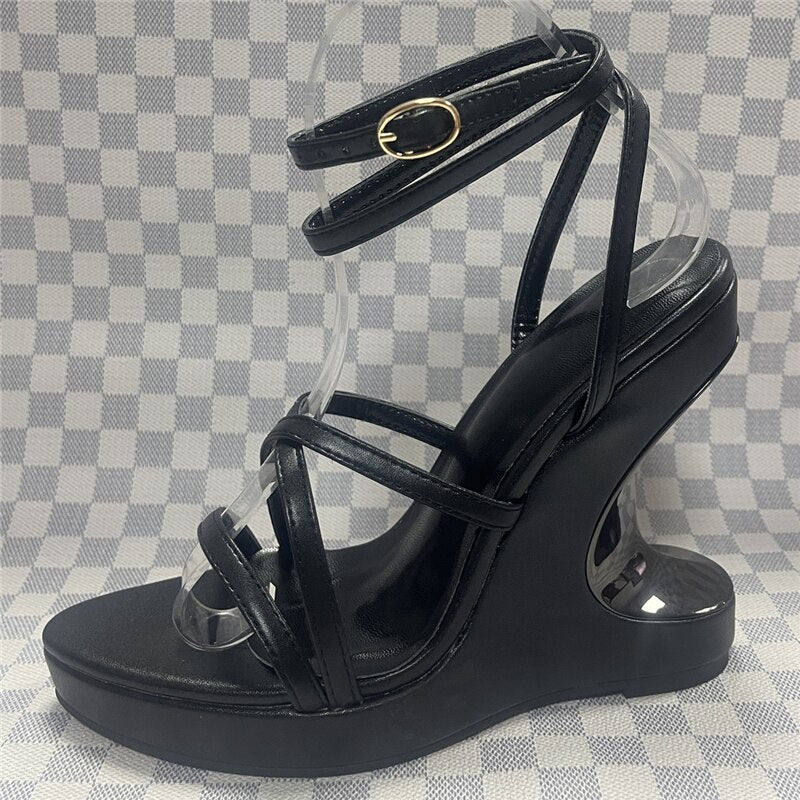 Luxury Velvet High Wedges Modern Sandals Women Sexy Narrow Band Ankle Strappy Fretwork Heel Platform Summer Shoes Black