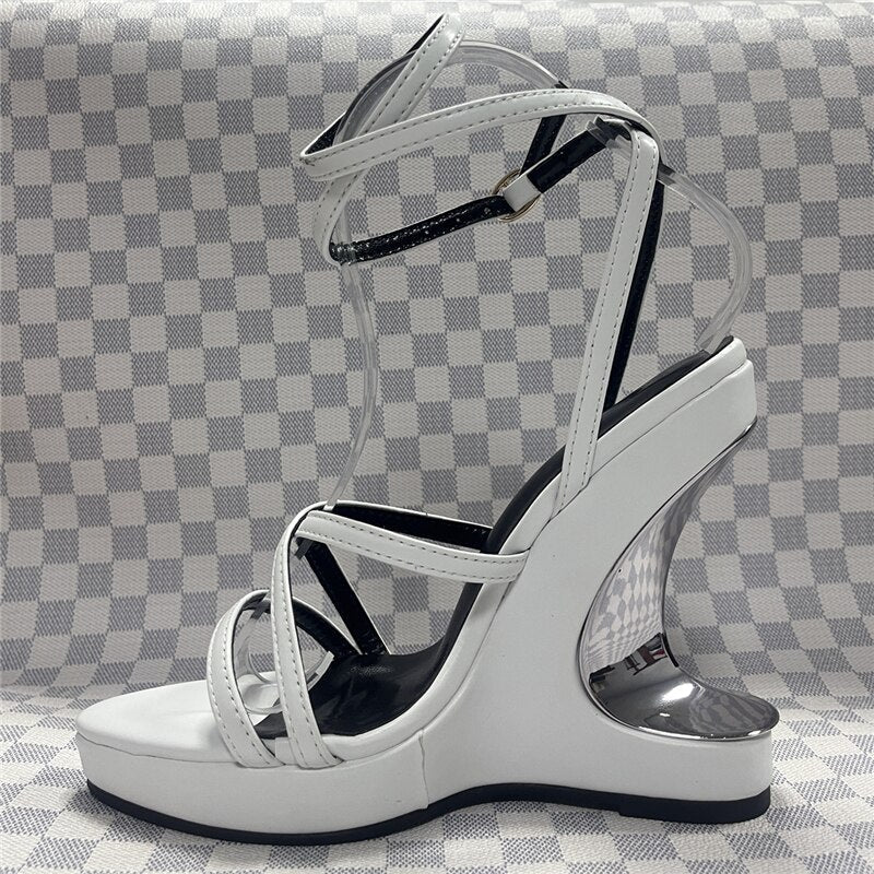 Luxury Velvet High Wedges Modern Sandals Women Sexy Narrow Band Ankle Strappy Fretwork Heel Platform Summer Shoes White