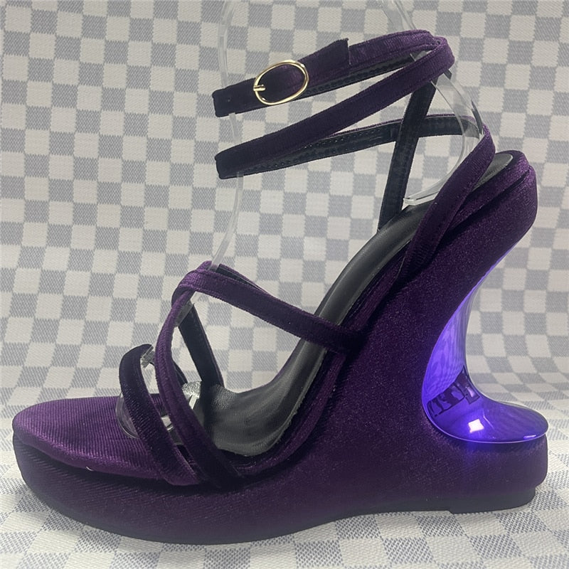 Luxury Velvet High Wedges Modern Sandals Women Sexy Narrow Band Ankle Strappy Fretwork Heel Platform Summer Shoes Purple