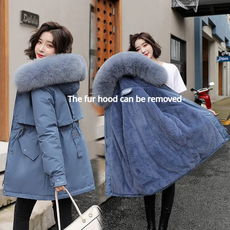 M-3XL Winter Women Parka 2024 Fashion Long Coat Wool Liner Hooded Parkas Slim Fur Collar Jacket Warm Snow Wear Padded Clothes AMAIO