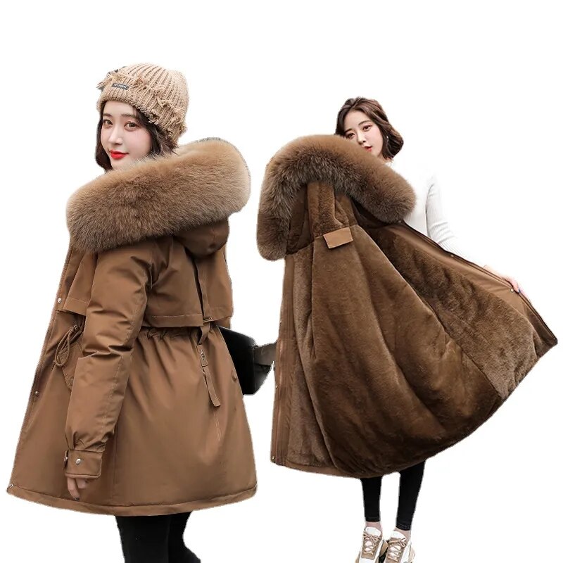 M-3XL Winter Women Parka 2024 Fashion Long Coat Wool Liner Hooded Parkas Slim Fur Collar Jacket Warm Snow Wear Padded Clothes