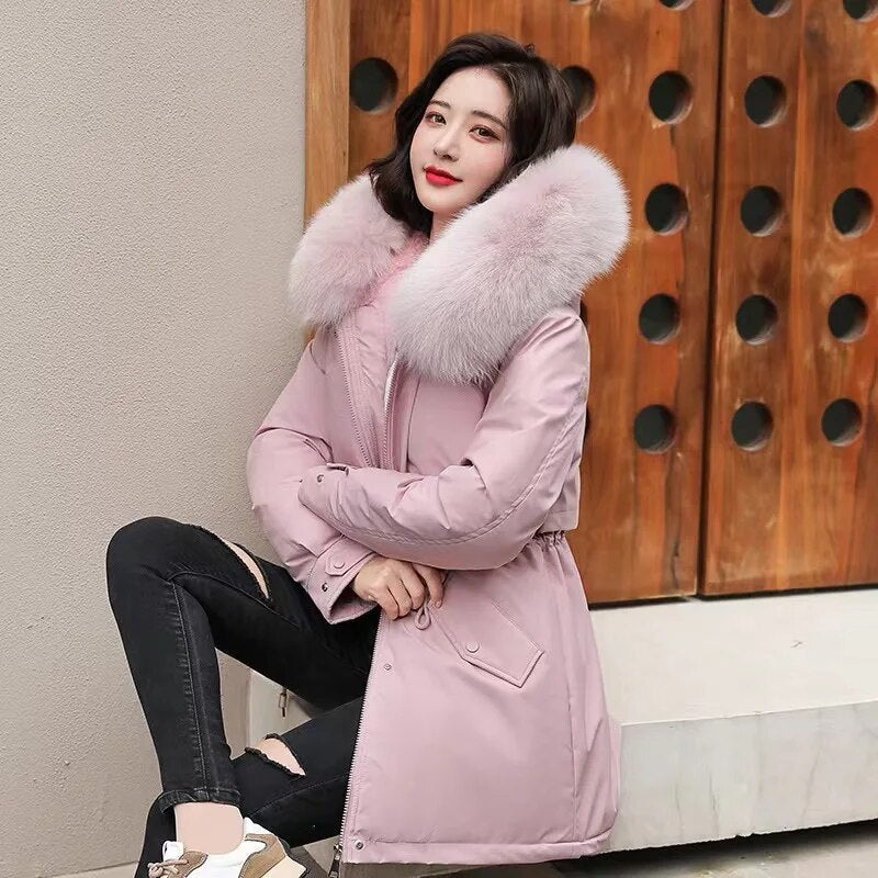 M-3XL Winter Women Parka 2024 Fashion Long Coat Wool Liner Hooded Parkas Slim Fur Collar Jacket Warm Snow Wear Padded Clothes Pink