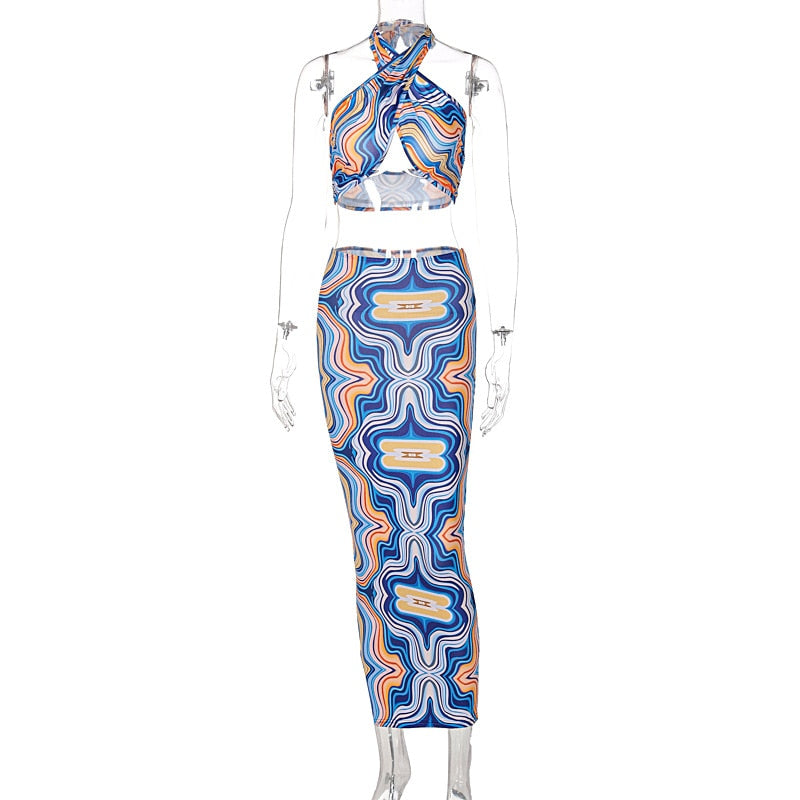 Marble Print Summer Beach Outfits For Women Halter Crop Top And Skirt Two Piece Set Sexy Vacation Outfits Bodycon Midi Skirt Dark Blue