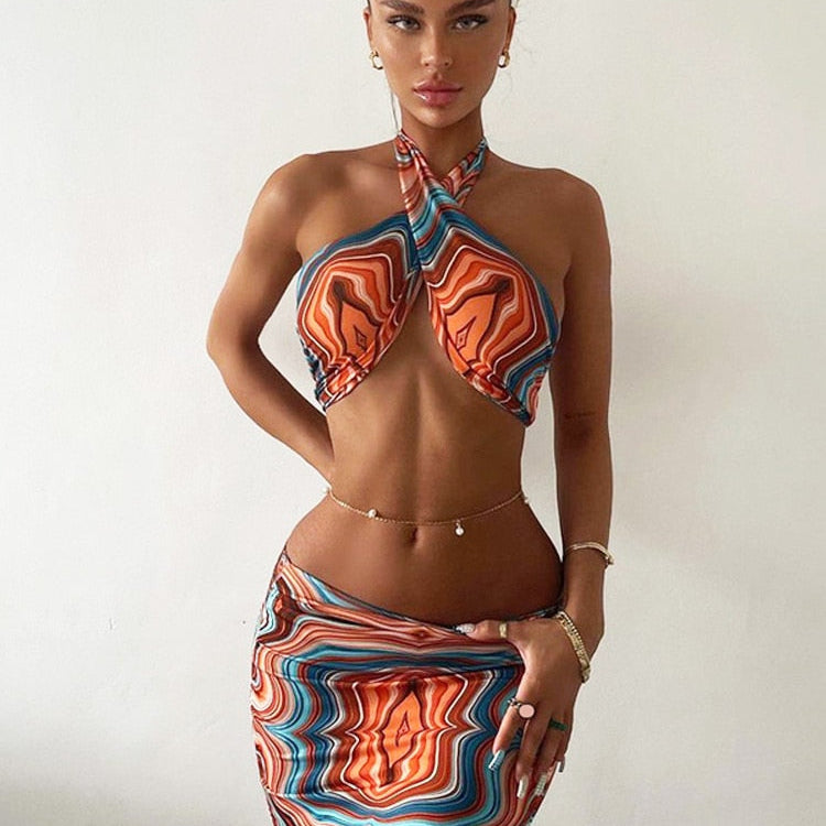 Marble Print Summer Beach Outfits For Women Halter Crop Top And Skirt Two Piece Set Sexy Vacation Outfits Bodycon Midi Skirt