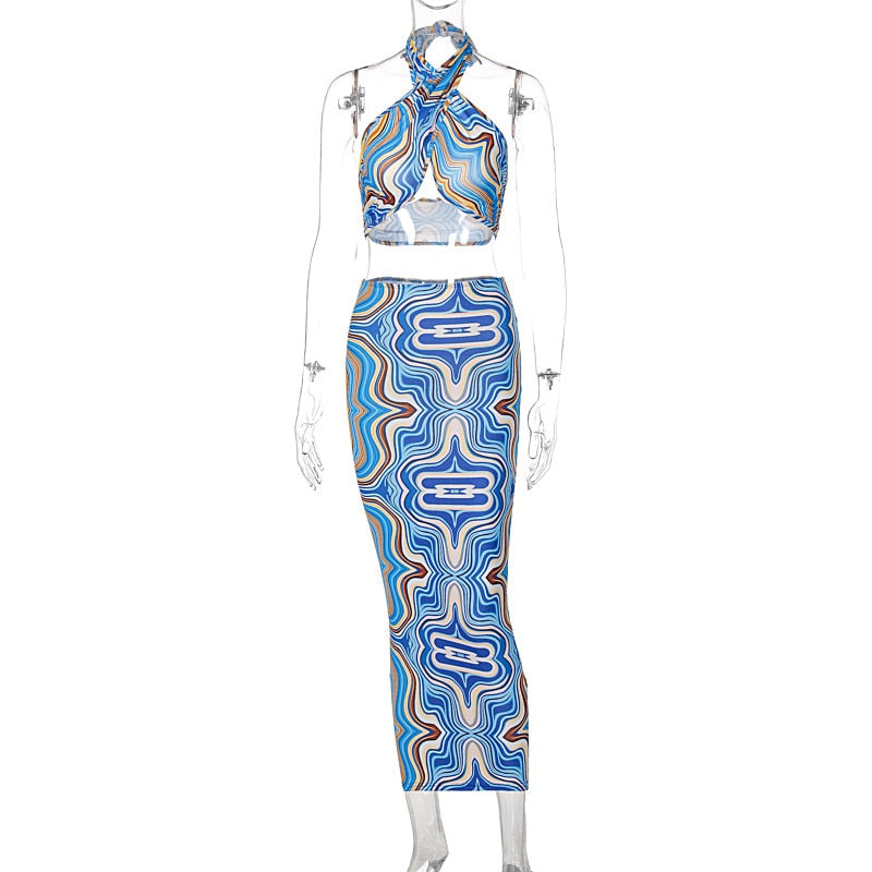 Marble Print Summer Beach Outfits For Women Halter Crop Top And Skirt Two Piece Set Sexy Vacation Outfits Bodycon Midi Skirt Blue
