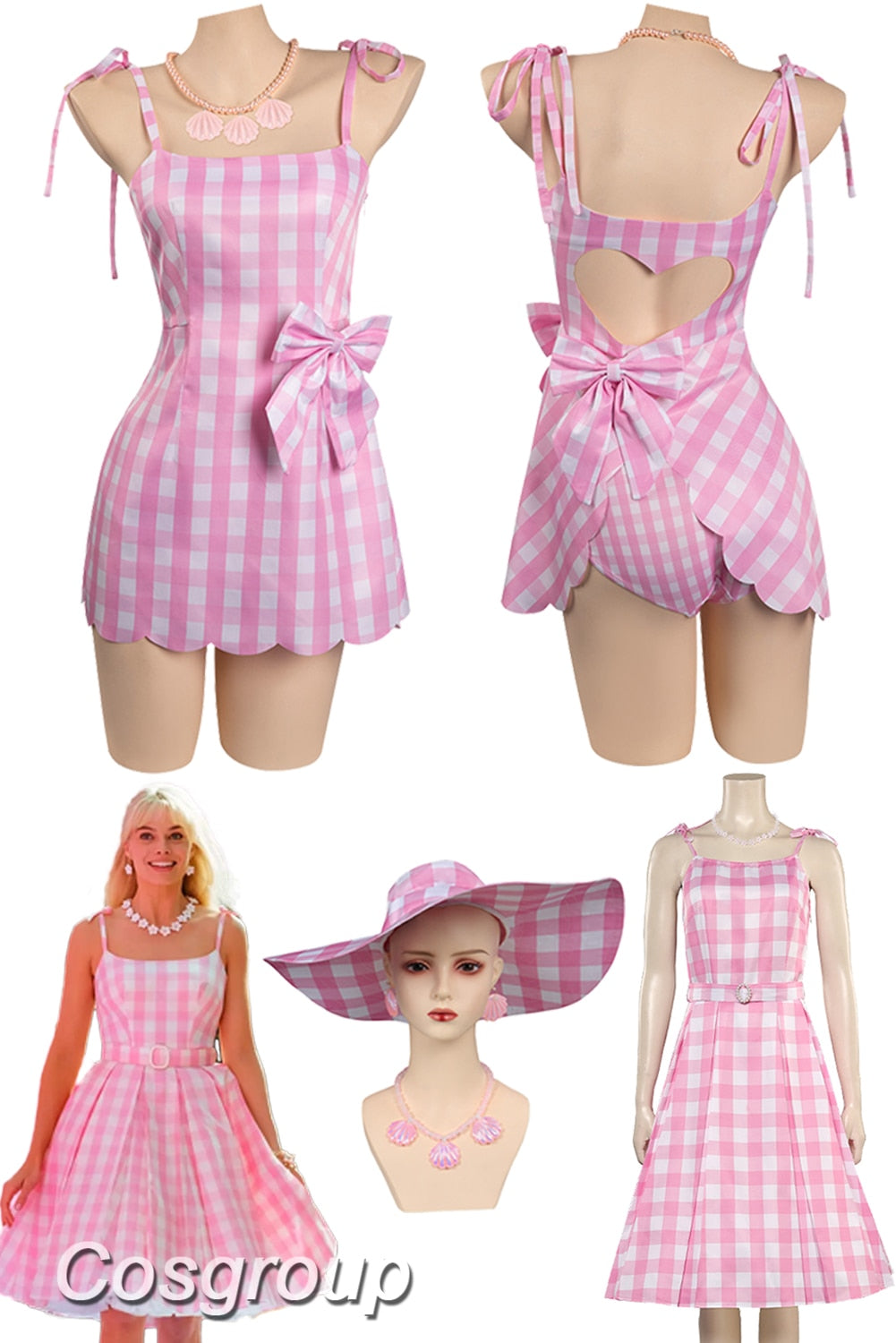 Margot Cosplay Kawaii Pink Plaid Dress Women Costume 2024 Movie Barbei Roleplay Fantasia Halloween Party Clothes For Disguise