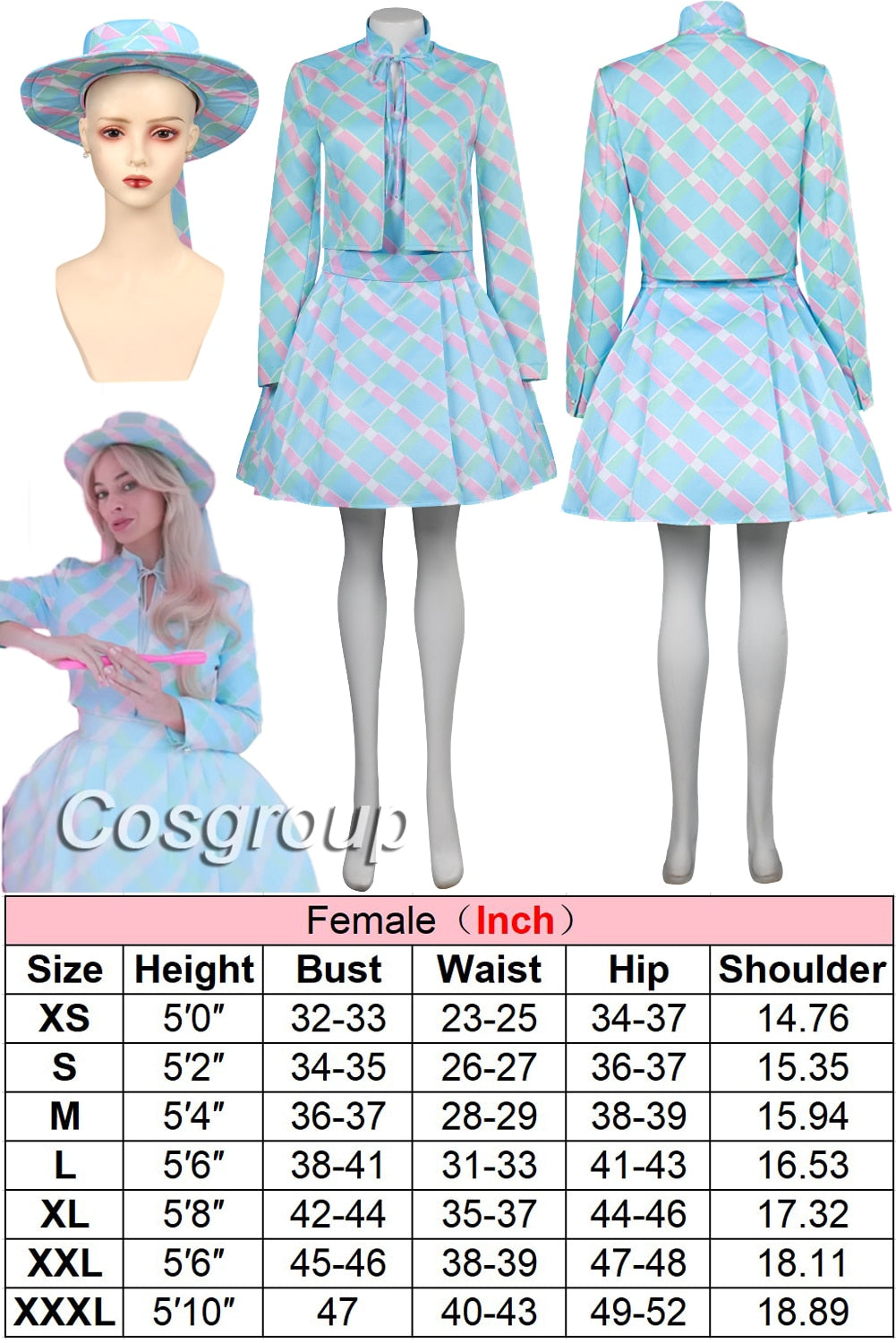 Margot Cosplay Kawaii Pink Plaid Dress Women Costume 2024 Movie Barbei Roleplay Fantasia Halloween Party Clothes For Disguise Style F