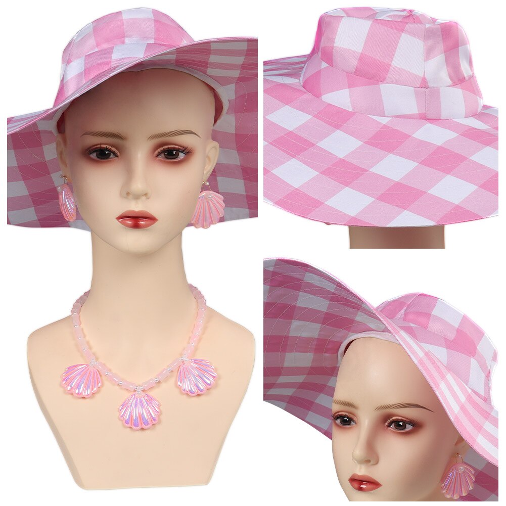 Margot Cosplay Pink Plaid Dress Up Hat Women Costume 2024 Movie Roleplay Fantasia Halloween Party Clothes For Disguise