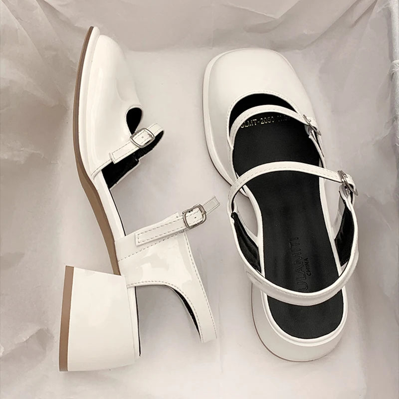 Mary Jane Shoes Buckle Pumps Women Thick Heels Elegant Shallow Square Toe Footwear Fashion Outdoor Lady Shoes White