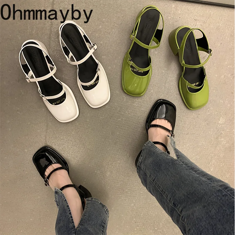 Mary Jane Shoes Buckle Pumps Women Thick Heels Elegant Shallow Square Toe Footwear Fashion Outdoor Lady Shoes