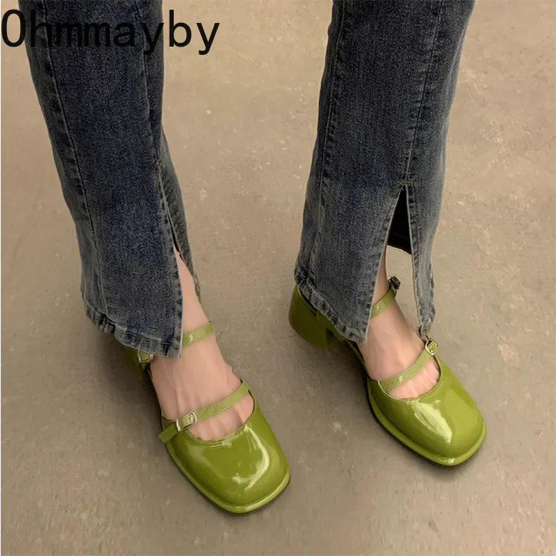Mary Jane Shoes Buckle Pumps Women Thick Heels Elegant Shallow Square Toe Footwear Fashion Outdoor Lady Shoes