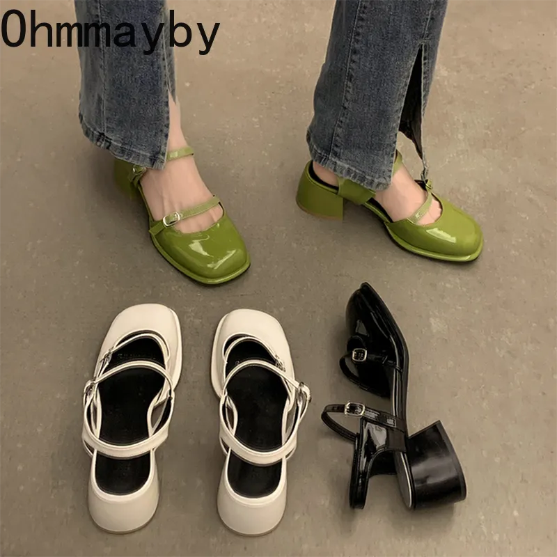 Mary Jane Shoes Buckle Pumps Women Thick Heels Elegant Shallow Square Toe Footwear Fashion Outdoor Lady Shoes