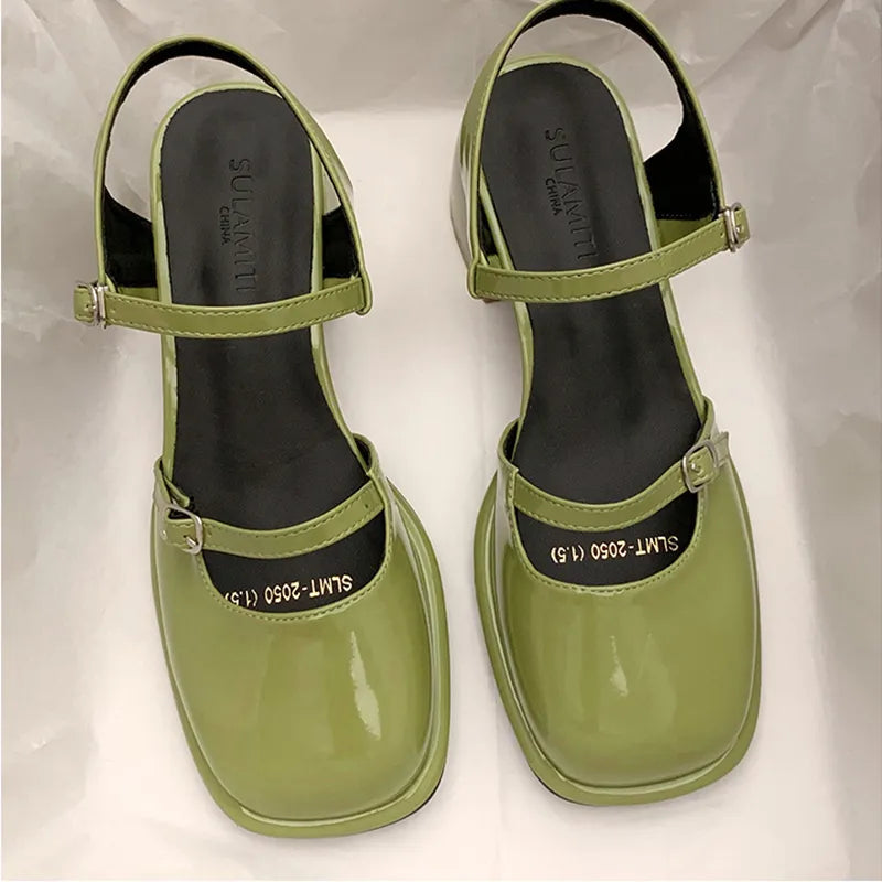 Mary Jane Shoes Buckle Pumps Women Thick Heels Elegant Shallow Square Toe Footwear Fashion Outdoor Lady Shoes Green