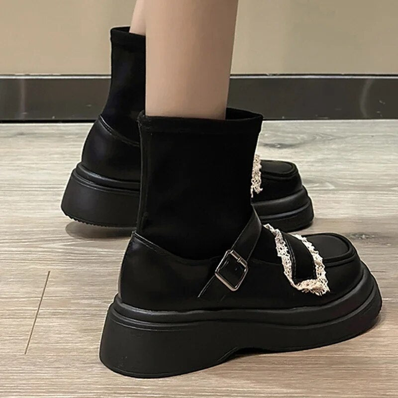 Mary Jane Shoes Platform Chelsea Boots Women 2024 Winter Trend New Ankle Fad Goth Boots Lolita Sweet Suede Walking Mujer Botas Black