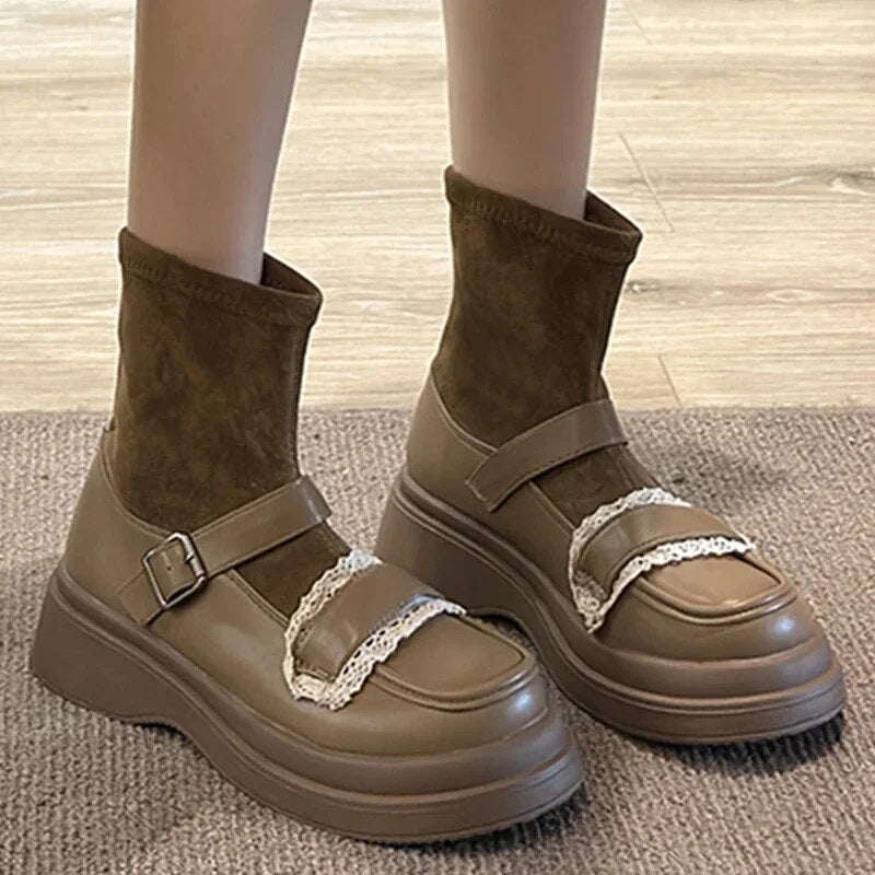 Mary Jane Shoes Platform Chelsea Boots Women 2024 Winter Trend New Ankle Fad Goth Boots Lolita Sweet Suede Walking Mujer Botas Khaki
