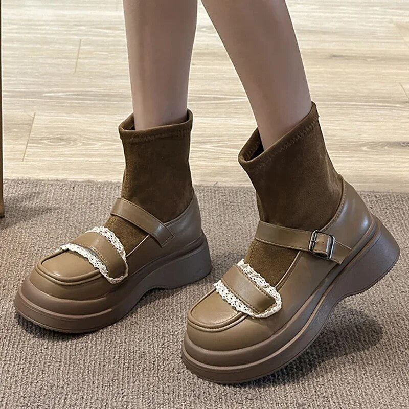 Mary Jane Shoes Platform Chelsea Boots Women 2024 Winter Trend New Ankle Fad Goth Boots Lolita Sweet Suede Walking Mujer Botas
