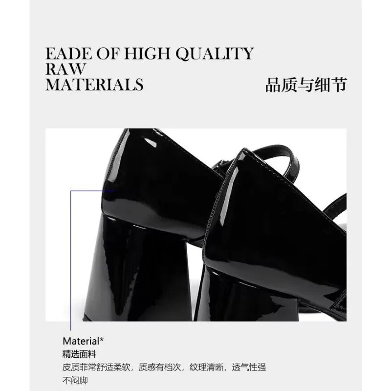 Mary Janes Vintage Black Sandals Woman Buckle Non-Slip Casual Medium Heels Office Ladies Solid Elegant Heels Korean