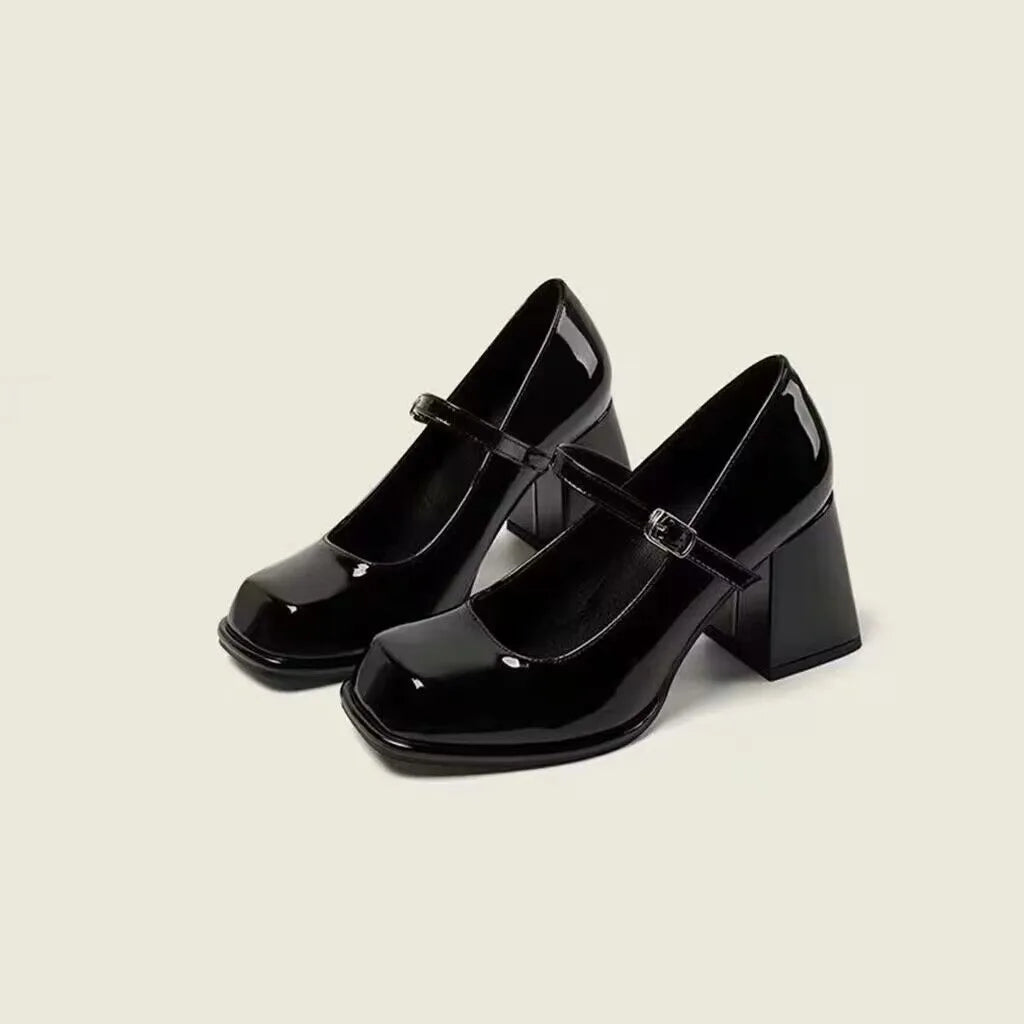 Mary Janes Vintage Black Sandals Woman Buckle Non-Slip Casual Medium Heels Office Ladies Solid Elegant Heels Korean black
