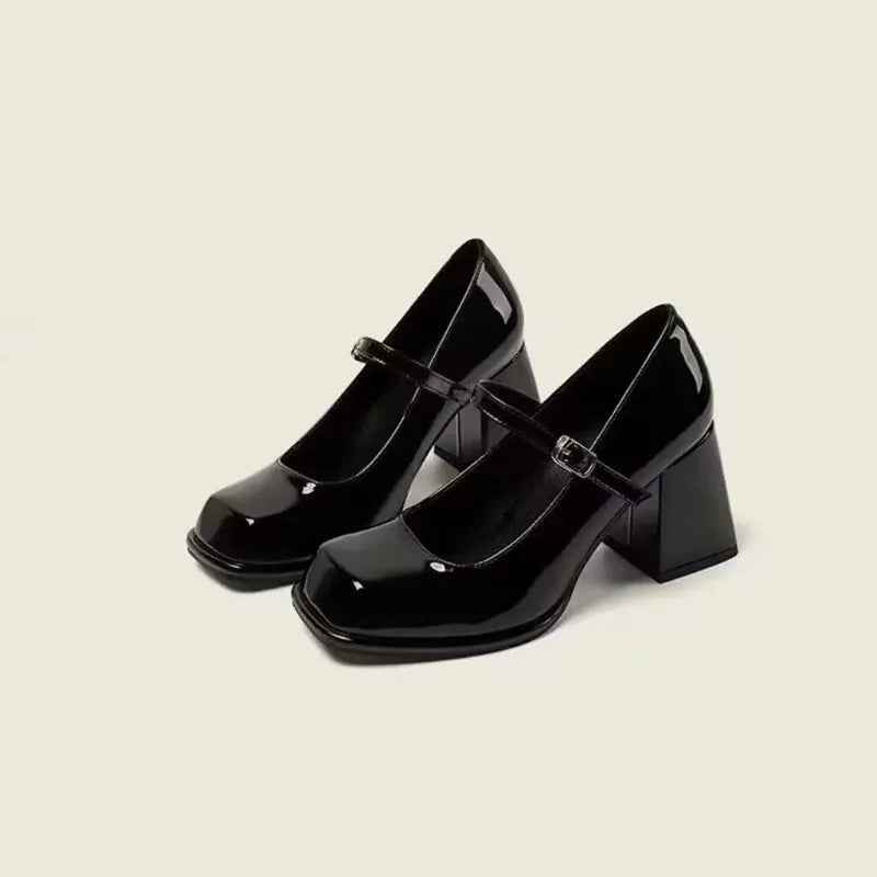Mary Janes Vintage Black Sandals Woman Buckle Non-Slip Casual Medium Heels Office Ladies Solid Elegant Heels Korean