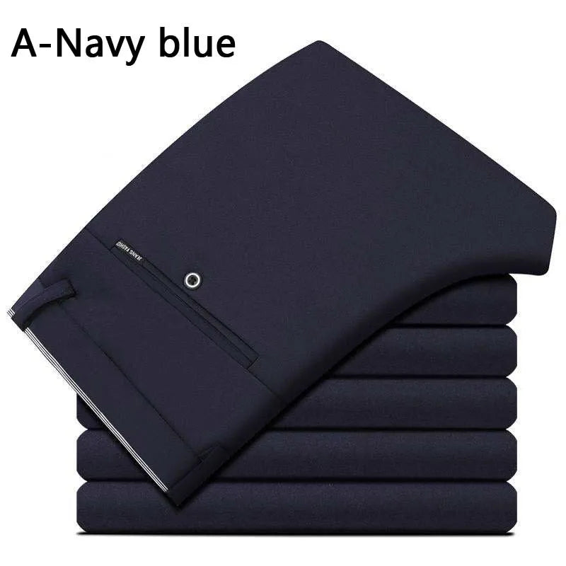 Men's Spring Autumn Fashion Business Casual Long Pants Suit Pants Male Elastic Straight Formal Trousers Plus Big Size 28-40 A-Navy