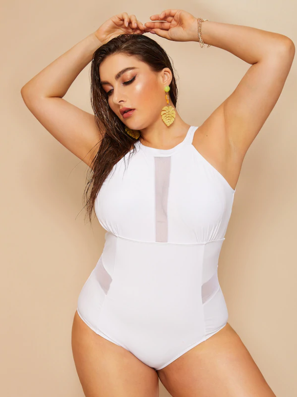 Mesh stitching plus size one-piece swimsuit White