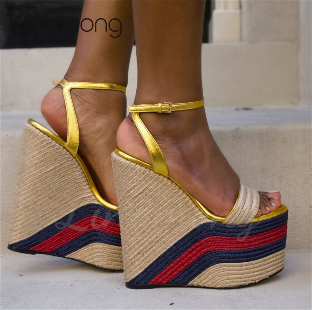 Metallic Gold Leather Espadrille Wedge Sandals Platform Ankle Strap Summer Sandals Color Block Round Toe Super High Heel Sandals