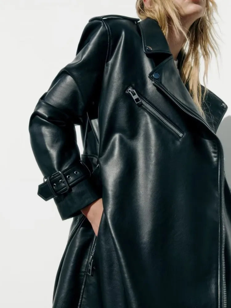 Mid Length Lapel Style Trendy and Retro Hong Kong Style Faux Leather Trench Coat